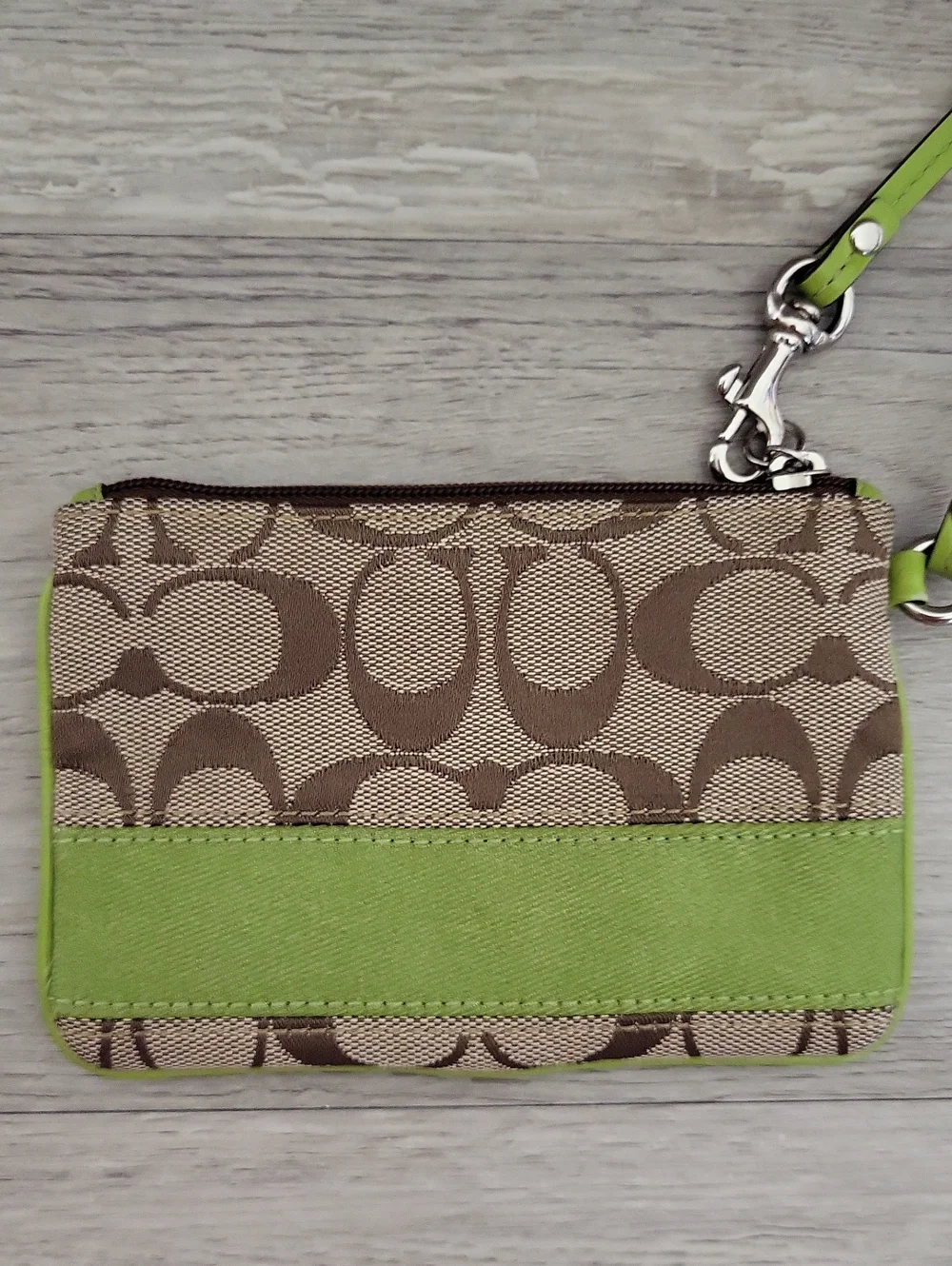 Coach Signature Wristlet Lime Green Trim Khaki Jacquard Wrist Strap Mini Pouch